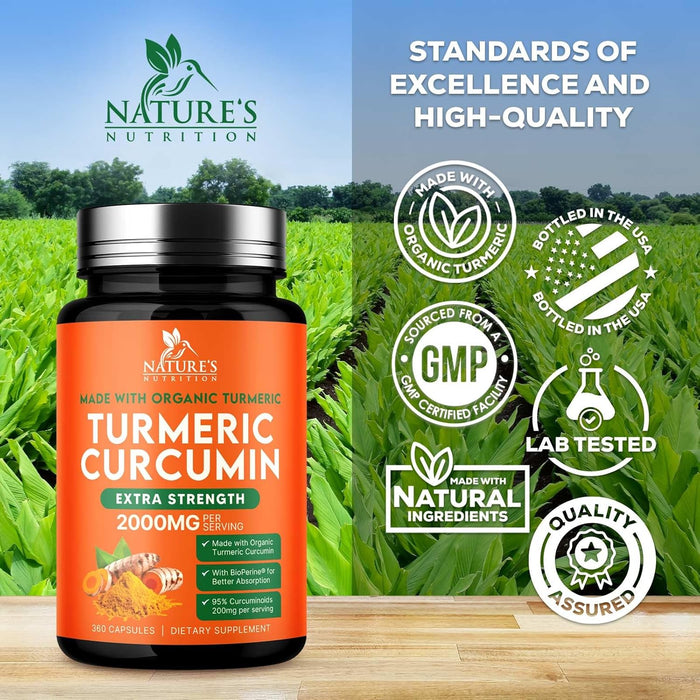 Turmeric Curcumin Supplement 2000mg - Nature's Joint & Immune Support, Organic Tumeric & BioPerine Black Pepper for Best Absorption with 95% Curcuminoids, Vegan, Non-GMO, Bottled USA