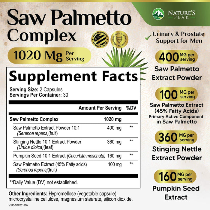 Saw Palmetto for Men Prostate Supplement - Potent 3X Formula with Stinging Nettle + Pumpkin Seed Extract for Men's Health, Herbal Prostate Supplement for Urinary Support, Bottled in USA, 60 Capsules