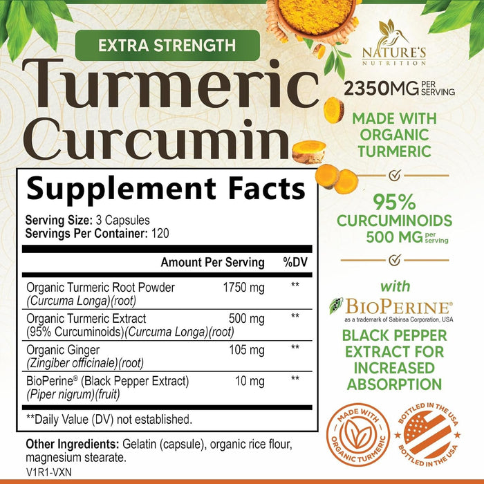 Turmeric Curcumin Supplement 1750mg with Organic Turmeric & Ginger, 95% Curcuminoids, BioPerine Black Pepper for Best Absorption, Nature's Vegan Joint Support, Non-GMO, Bottled in USA