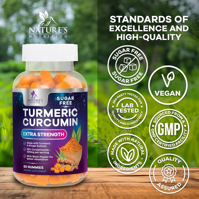Turmeric Supplement Gummies Sugar Free - Turmeric Curcumin and Ginger Gummies with Black Pepper Extract for High Absorption, Curcumin Gummy for Joint Support, Non-GMO, Gluten Free