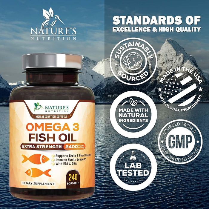 Omega 3 Fish Oil 2400 mg - Triple Strength EPA & DHA Fatty Acids for Heart, Brain & Joint Support Wild-Caught, Burpless, Lemon Flavor Supplement Natural, Non-GMO, Gluten-Free - 240 Softgels