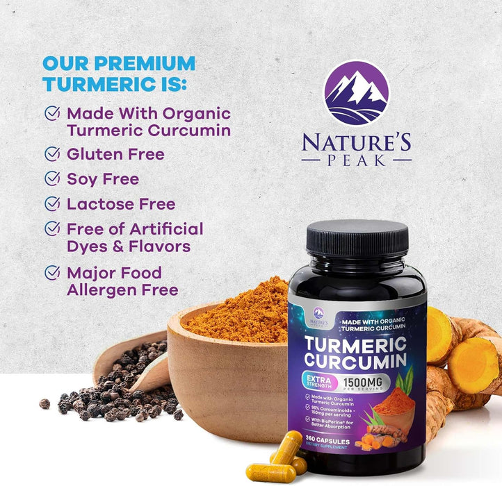 Turmeric Curcumin Supplement with Organic Turmeric - 95% Curcuminoids & BioPerine Black Pepper for High Absorption, Nature's Vegan Joint Support, 1500mg Tumeric Non-GMO, Bottled in USA