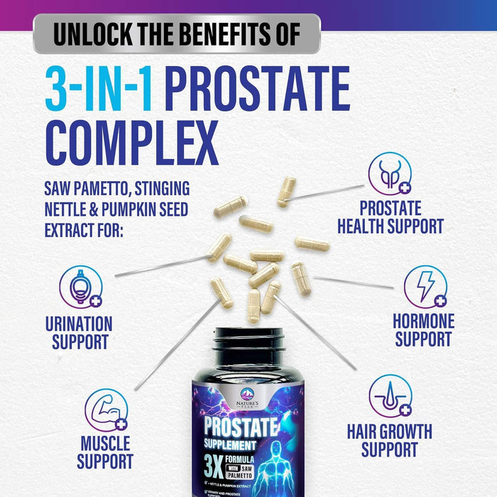 Prostate Health Supplements for Men - Potent 3X Formula with Saw Palmetto + Stinging Nettle + Pumpkin Seed Extract, Bottled in USA, Prostate Supplement, DHT Blocker for Urinary Support