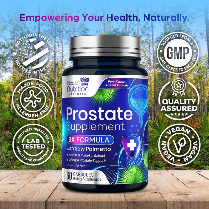 Prostate Health Supplements for Men - Potent 3X Formula with Saw Palmetto, Stinging Nettle, Pumpkin Seed Extract, Bottled in USA, Prostate Supplement for Urinary Support, Vegan, Non-GMO