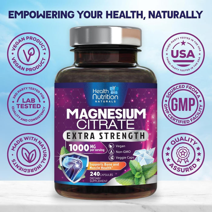 Magnesium Citrate 1000mg - Max Strength Magnesium Capsules for Muscle, Nerve, Bone and Heart Health Support, Natural Sleep Support, High Absorption Citrate Oxide Powder Complex