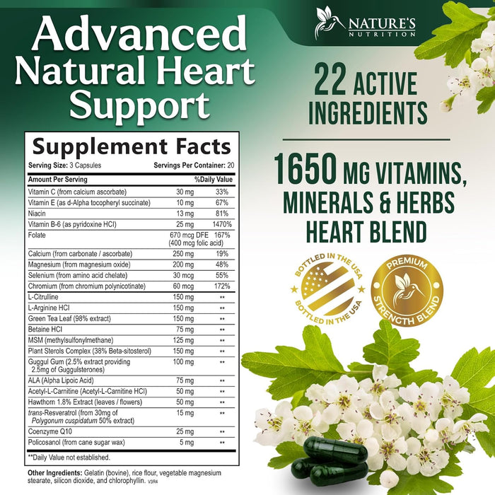 Heart Supplements 1650mg for Heart Health Support with CoQ10, L-Arginine, Magnesium, Hawthorn - 22 Natural Heart Vitamins & Extracts to Support Nitric Oxide & Energy Production, and More - 60 Capsules