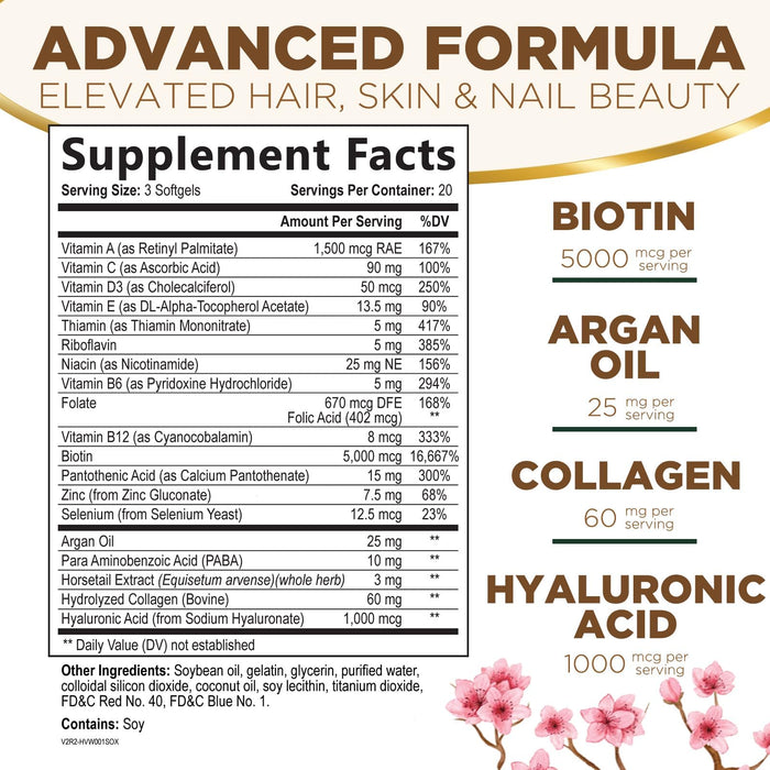 Hair Vitamins Biotin 5000 mcg Collagen for Hair Skin and Nails Vitamin Nature's – 60 Softgels