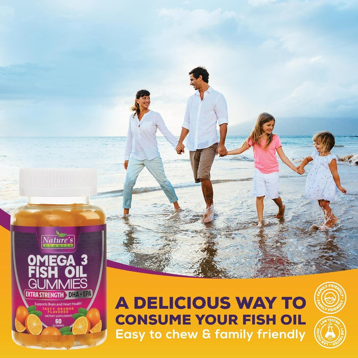 Omega 3 Fish Oil Gummies, Extra Strength Omega Fish Oil Supplement, High Absorption for Joint, Heart & Brain Support, Nature's Heart Healthy Omega 3s DHA EPA Gummy Vitamin, Orange Flavor