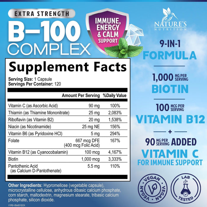 B Complex Vitamins Capsules with Vitamin B6 B12 B100 C Biotin Folate & Folic Acid – 120 Capsules
