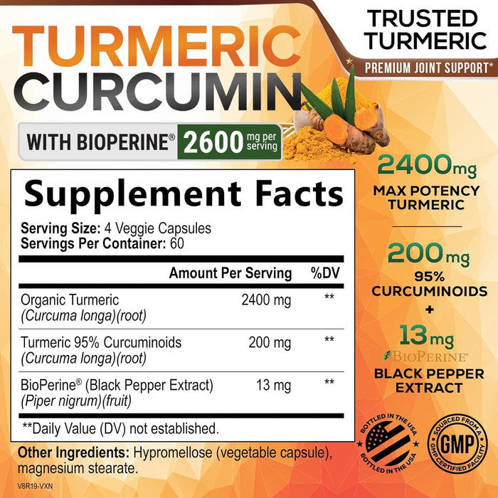 Turmeric Curcumin Supplement with BioPerine 95% Curcuminoids 2600mg with Black Pepper for Best Absorption, Bottled in USA, Best Natural Vegan Joint Support, Nature's Non-GMO Tumeric - 240 Capsules
