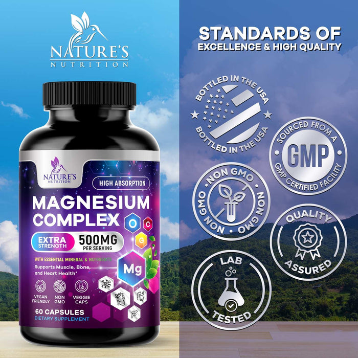 Magnesium Complex Supplement 500 mg - 5 in 1 High Absorption Chelated Magnesium Glycinate, Malate, Citrate, Oxide, Aquamin - Non-GMO Magnesio Capsules, Bone Muscle & Heart Health Support, 60 Capsules