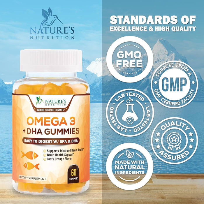 Omega 3 Fish Oil Gummies, Heart Healthy Omega 3s with DHA & EPA, Extra Strength Joint & Brain Support, Omega 3 Fish Oil Supplement Nature's Gummy Vitamin for Men & Women, Orange Flavor
