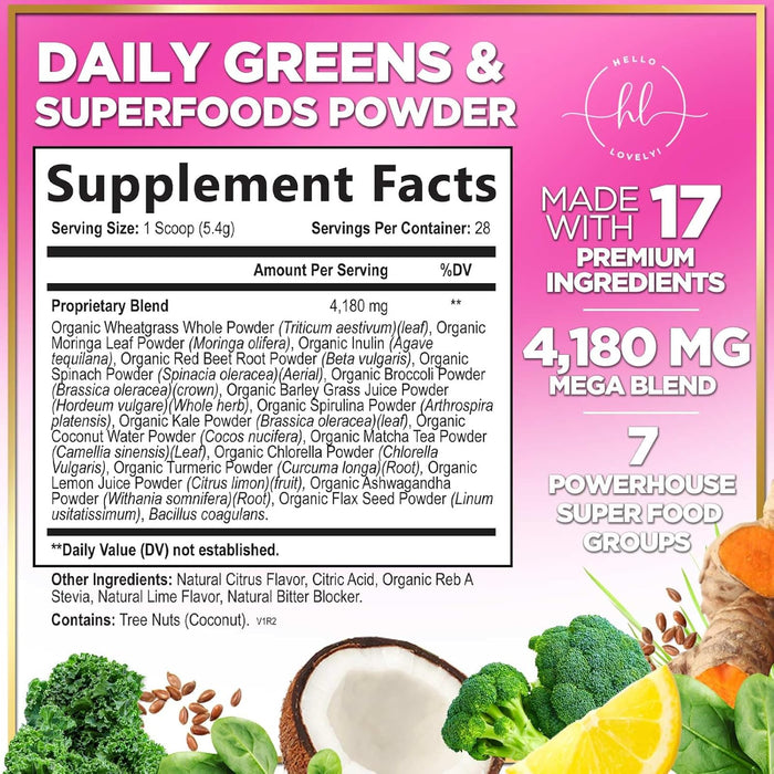Hello Lovely! Greens Blend Superfood - Super Greens Powder Smoothie Mix, Energy & Digestive Health Support w/Probiotics, Organic Spirulina, Chlorella, Beet Root, Vegan Green Powder - 28 Servings