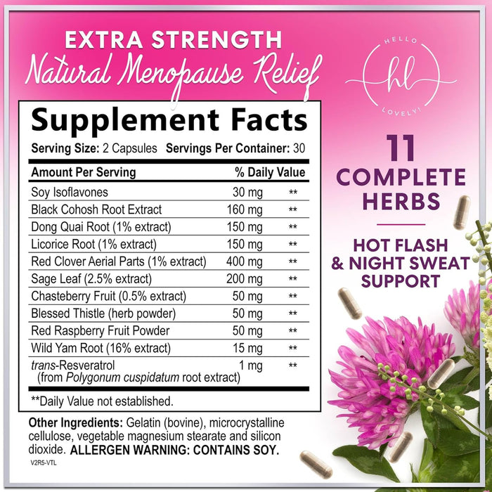 Menopause Supplements Extra Strength Hot Flash Support 1256 mg - Menopause Support for Women - Made in USA - Natural Black Cohosh, Dong Quai and Soy Isoflavones - 60 Capsules