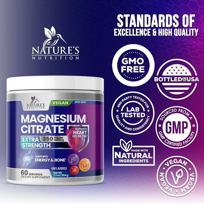Magnesium Supplement Powder, 350mg Magnesium Citrate Drink Mix, 100% Chelated for High Absorption - Supports Energy, Sleep, Bone, Muscle & Whole Body Health - Gluten-Free, Vegan, Non-GMO - 60 Servings