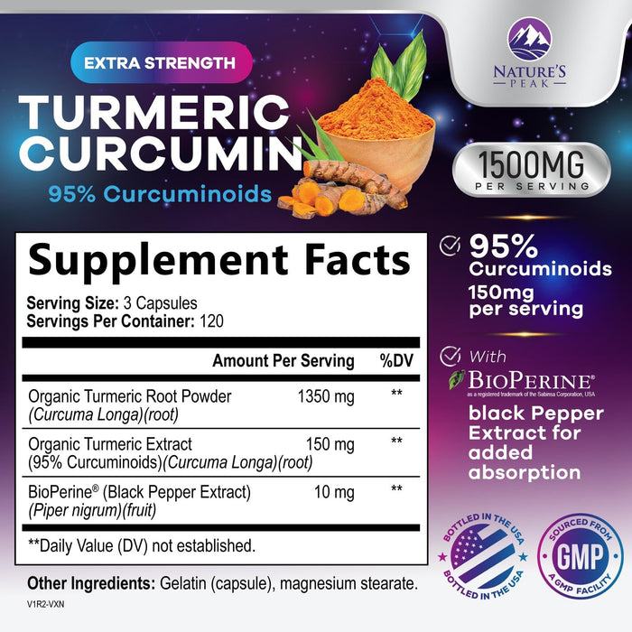 Turmeric Curcumin Supplement with BioPerine 95% Curcuminoids 1500mg with Black Pepper for Best Absorption - Best Natural Vegan Joint Support - Bottled in USA, Non-GMO, Organic Tumeric - 360 Capsules