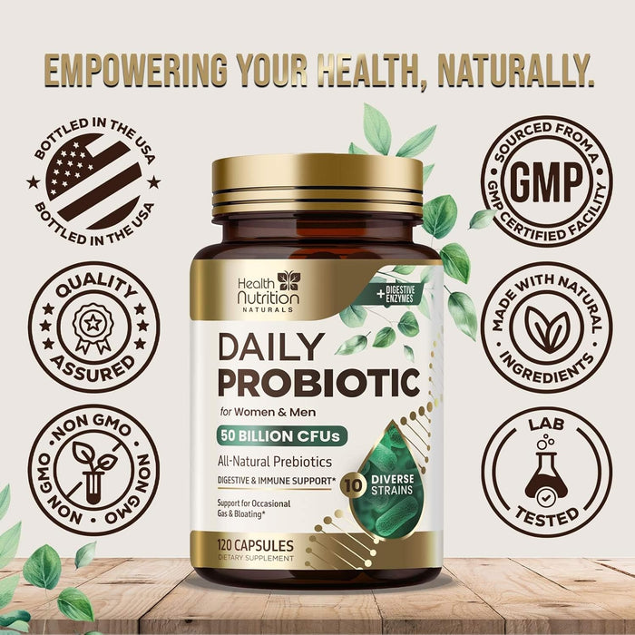 Probiotics 50 Billion CFU + 10 Strains - Daily Probiotic Lactobacillus Blend for Immune, Digestive & Gut Health Support, Prebiotics and Probiotics, Gas & Bloating for Women & Men - 120 Capsules