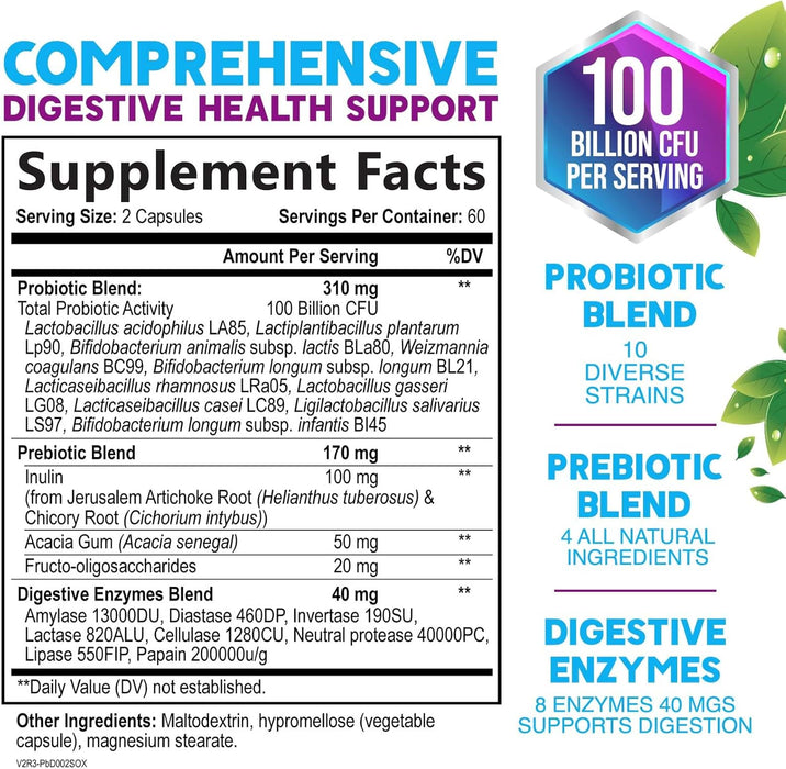 Probiotics for Women & Men 100 Billion CFU - 10 Strains with Lactobacillus, Digestive Gut Health Probiotics & Immune Support Supplement, Supports Occasional Constipation, Gas & Bloating - 120 Capsules