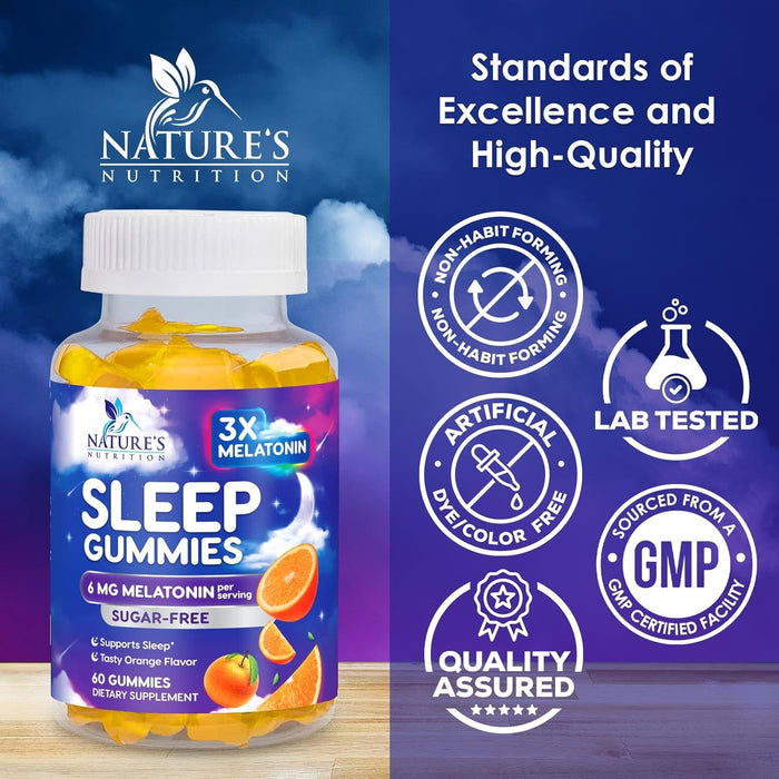 Sleep Melatonin Gummies for Adults Sugar Free - Natural Melatonin Sleep Gummy, Extra Strength Gummy Supplements, Sleep Support Vitamin Supplement, Vegan, Gelatin Free, 6mg, Sleep Gummies - 60 Gummies