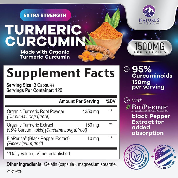 Turmeric Curcumin Supplement with Organic Turmeric - 95% Curcuminoids & BioPerine Black Pepper for High Absorption, Nature's Vegan Joint Support, 1500mg Tumeric Non-GMO, Bottled in USA