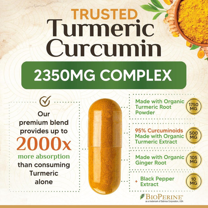 Turmeric Curcumin Supplement 1750mg with Organic Turmeric & Ginger, 95% Curcuminoids, BioPerine Black Pepper for Best Absorption, Nature's Vegan Joint Support, Non-GMO, Bottled in USA