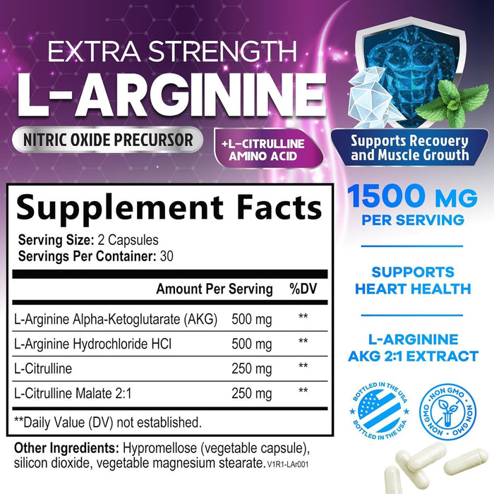 L-Arginine 1000mg Supplement Supports Heart Health - Premium Muscle Supporting Nitric Booster for Strength & Energy to Train Harder - Non-GMO, Gluten-Free Amino Acid Blend