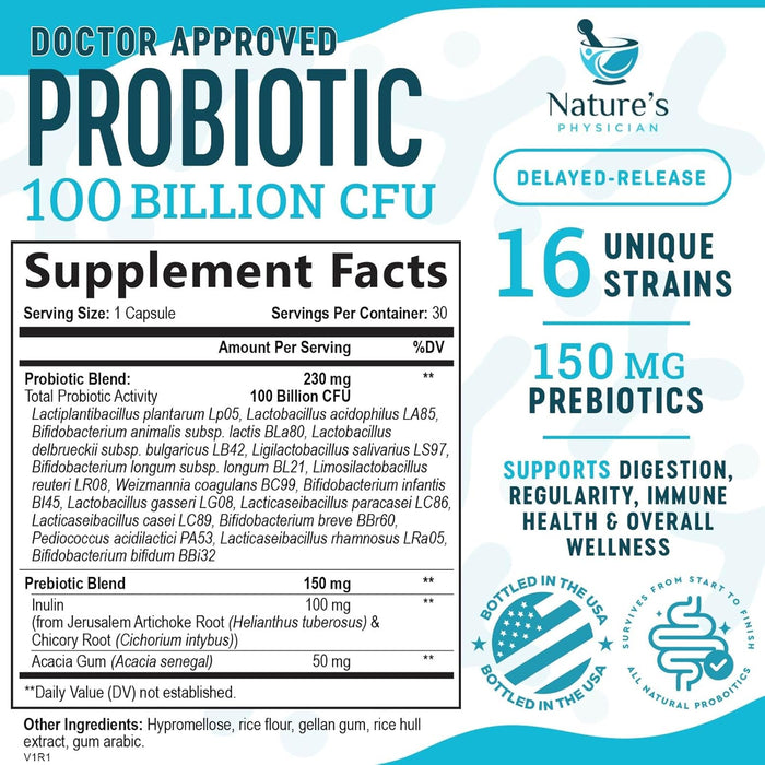 Nature's Physician Probiotics - 100 Billion CFU - 16 Strains + Prebiotics - Best Probiotic Supplement for Women & Men - Supports Immune, Digestive Health, Occasional Constipation & Gas