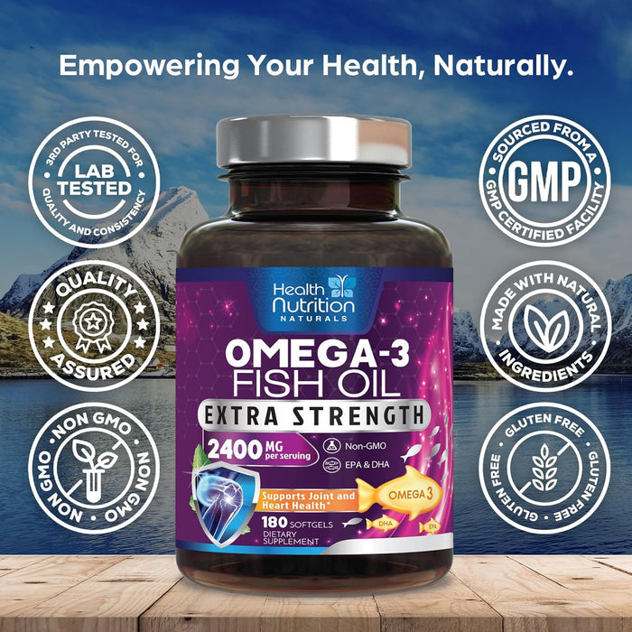 Health Nutrition Naturals Omega-3 Fish Oil Supplement, Triple Strength 2400mg High EPA 864mg and DHA 288mg for Natural Heart Support and Brain Support, Wild Caught Non-GMO, Lemon Flavor