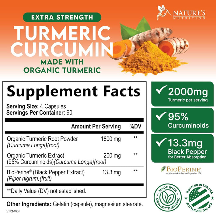 Turmeric Curcumin Supplement 2000mg - Nature's Joint & Immune Support, Organic Tumeric & BioPerine Black Pepper for Best Absorption with 95% Curcuminoids, Vegan, Non-GMO, Bottled USA