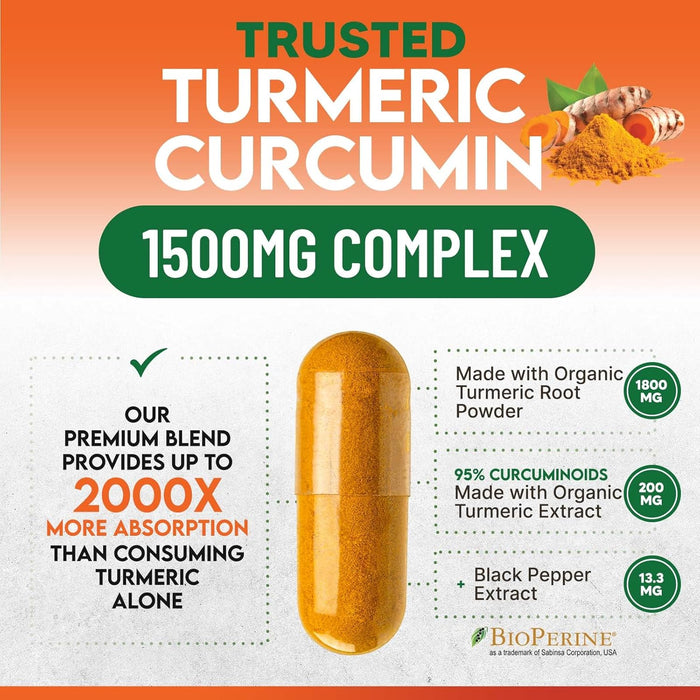 Turmeric Curcumin Supplement 2000mg - Nature's Joint & Immune Support, Organic Tumeric & BioPerine Black Pepper for Best Absorption with 95% Curcuminoids, Vegan, Non-GMO, Bottled USA