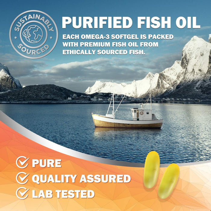 Omega 3 Fish Oil 2400 mg - Triple Strength EPA & DHA Fatty Acids for Heart, Brain & Joint Support Wild-Caught, Burpless, Lemon Flavor Supplement Natural, Non-GMO, Gluten-Free - 180 Softgels