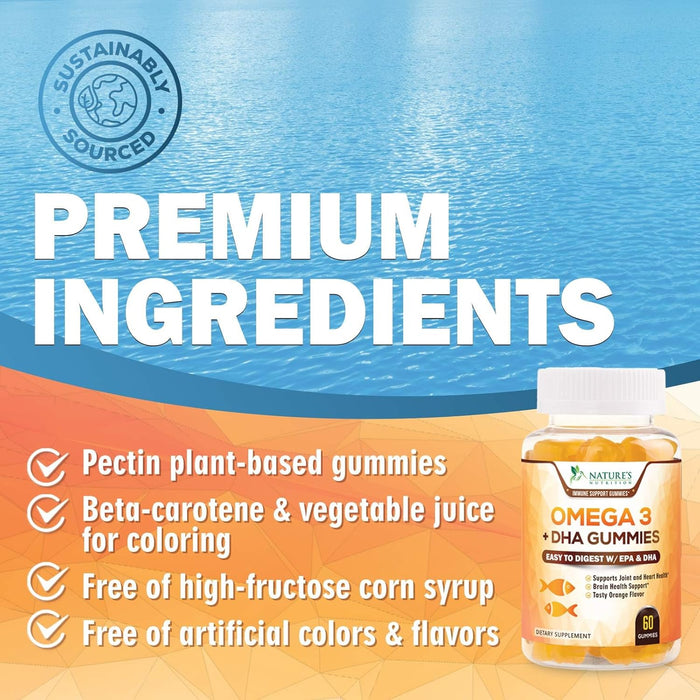 Omega 3 Fish Oil Gummies, Heart Healthy Omega 3s with DHA & EPA, Extra Strength Joint & Brain Support, Omega 3 Fish Oil Supplement Nature's Gummy Vitamin for Men & Women, Orange Flavor