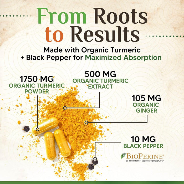 Turmeric Curcumin Supplement 1750mg with Organic Turmeric & Ginger, 95% Curcuminoids, BioPerine Black Pepper for Best Absorption, Nature's Vegan Joint Support, Non-GMO, Bottled in USA