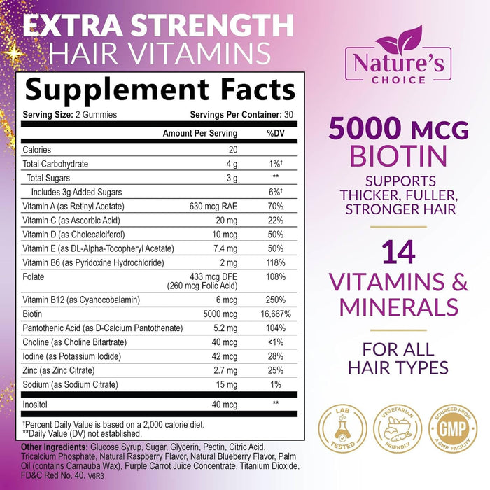 Hair Vitamins Gummies with Biotin 5000 mcg Vitamin E & C Support Hair Growth Gummy, Premium Vegetarian Non-GMO, for Stronger, Beautiful Hair, Skin & Nails, Biotin Gummies Supplement - 60 Gummy Bears