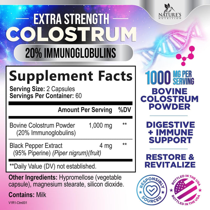 Colostrum For Women Supplement 1000mg 20% Immunoglobulins for Muscle, Skin & Hair Support - Gut Health Digestive & Immune Support - Bovine Colostrum Powder - Gluten Free & Unflavored - 120 Capsules