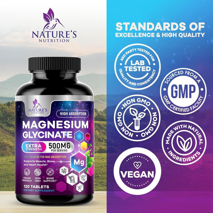 Magnesium Glycinate 500mg - Chelated for Ultra Absorption - Supports Bone, Muscle, Nerves & Heart Health, Nature's Sleep Support, Best Magnesium Supplement Pills for Whole Body Support - 120 Tablets