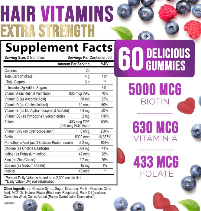 Hair Vitamins Gummy, with Biotin 5000mcg and Vitamins E & C, Advanced Hair Growth Support Gummies for Stronger, Beautiful Hair, Skin & Nails, Nature's Hair Supplement for Women & Men - 60 Gummies