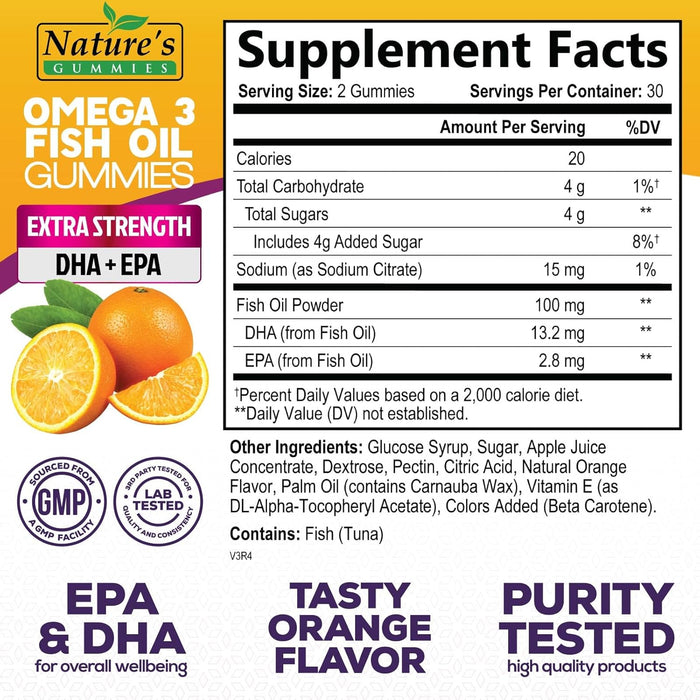 Omega 3 Fish Oil Gummies, Extra Strength Omega Fish Oil Supplement, High Absorption for Joint, Heart & Brain Support, Nature's Heart Healthy Omega 3s DHA EPA Gummy Vitamin, Orange Flavor