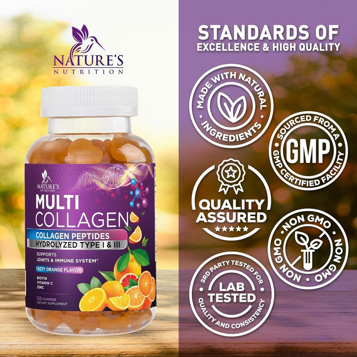 Collagen Gummies with Biotin - Hydrolyzed Collagen Peptides Supplement Types I and III - Support for Hair, Skin, Nails and Joints - Gluten Free and Non-GMO - Orange Flavored Gummy Vitamins
