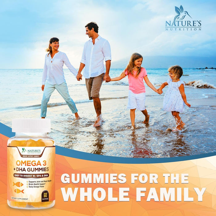 Omega 3 Fish Oil Gummies, Heart Healthy Omega 3s with DHA & EPA, Extra Strength Joint & Brain Support, Omega 3 Fish Oil Supplement Nature's Gummy Vitamin for Men & Women, Orange Flavor