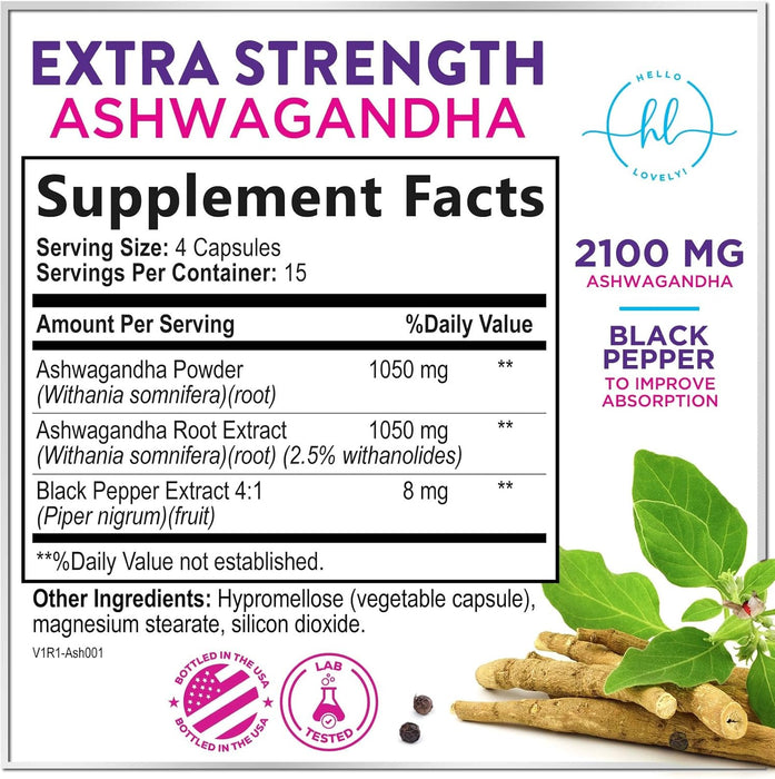 Ashwagandha 2,100 mg Extra Strength - Pure Ashwagandha Powder Antioxidant Support with Black Pepper plus Root Extract Vegan Adaptogen Formula Supplements for Energy and Immune Support