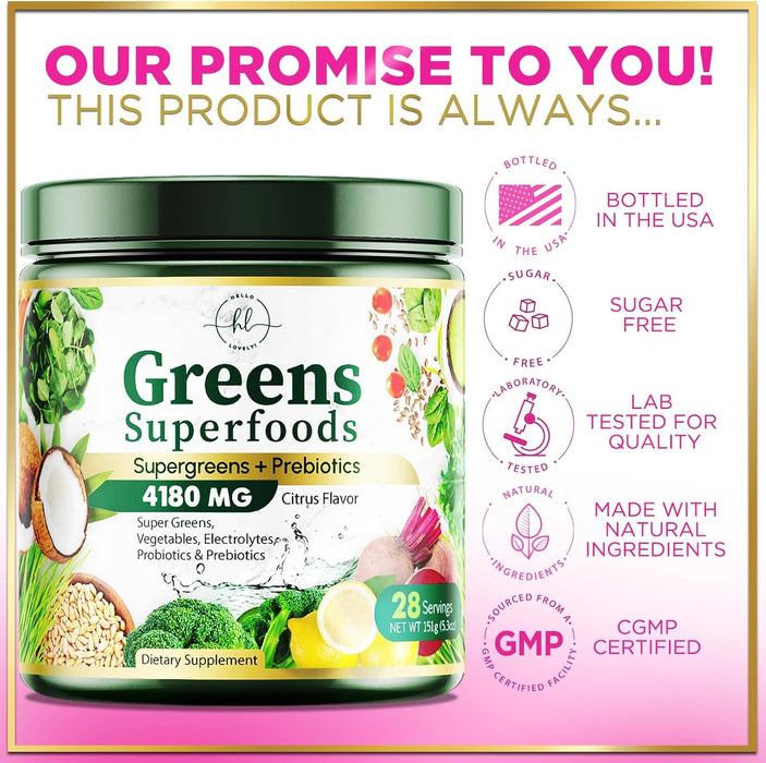 Hello Lovely! Greens Blend Superfood - Super Greens Powder Smoothie Mix, Energy & Digestive Health Support w/Probiotics, Organic Spirulina, Chlorella, Beet Root, Vegan Green Powder - 28 Servings