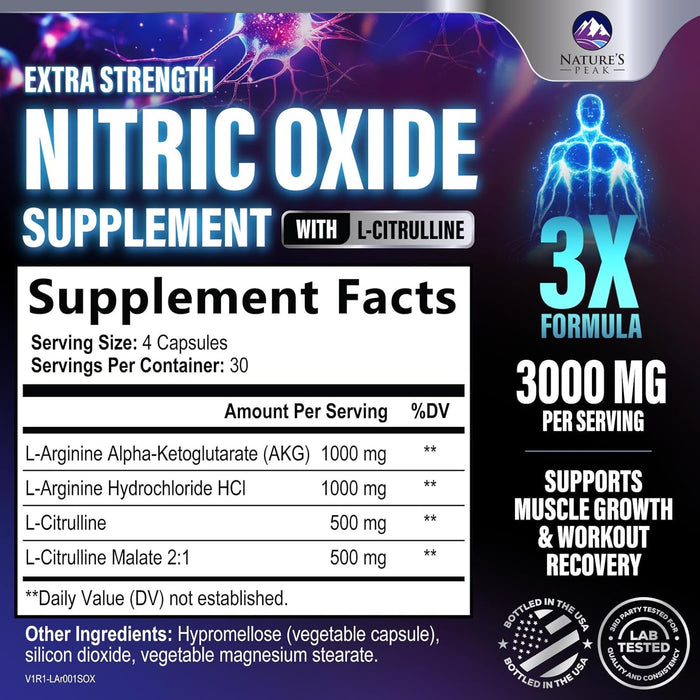 Nitric Oxide Supplement 3000mg L Arginine 3X Strength - Citrulline Malate & AKG - Extra Strength Muscle Supporting Nitric Booster for Muscle Growth & Workout Recovery to Train Harder
