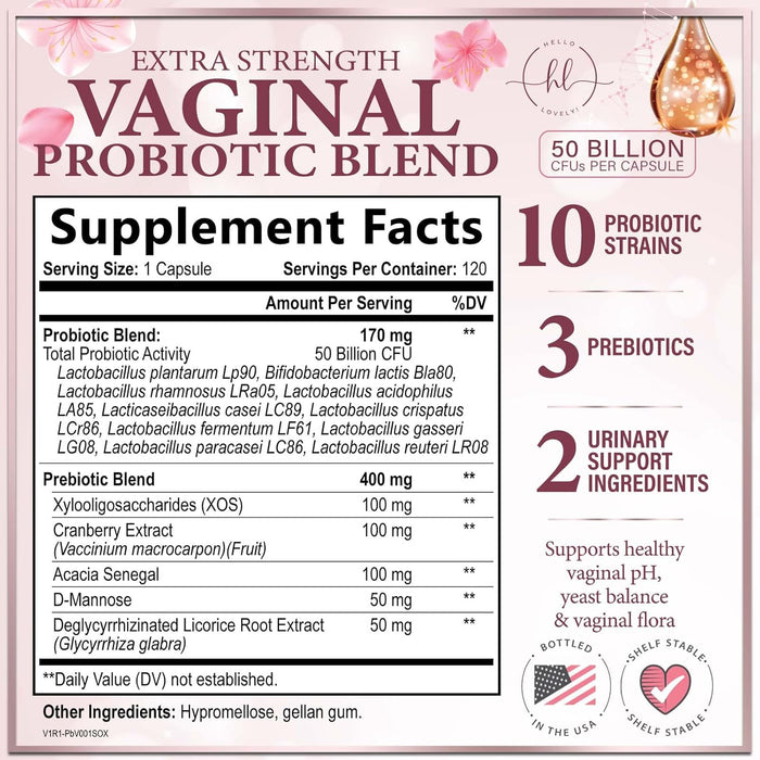 Vaginal Probiotic for Women - Vaginal PH Flora Feminine Health Balance Support - 50 Billion CFU Per Capsule, 10 Unique Strains - Womens Probiotics Supplement with Cranberry & D Mannose