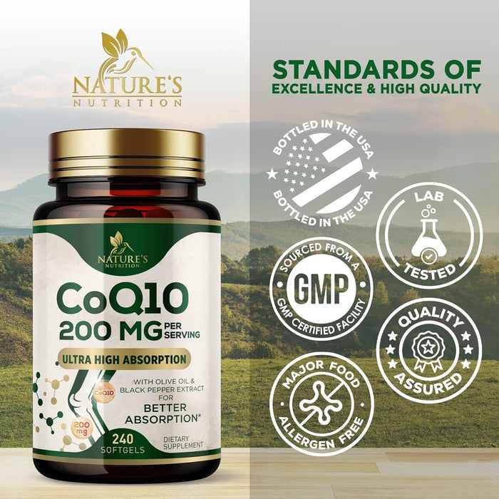 CoQ10 100mg Coenzyme Q10 Softgels - Superior Absorption, Antioxidant for Heart Health & Cellular Energy Support - Nature's Co Q10 Supplement, Non-GMO & Gluten Free - 60 Softgels