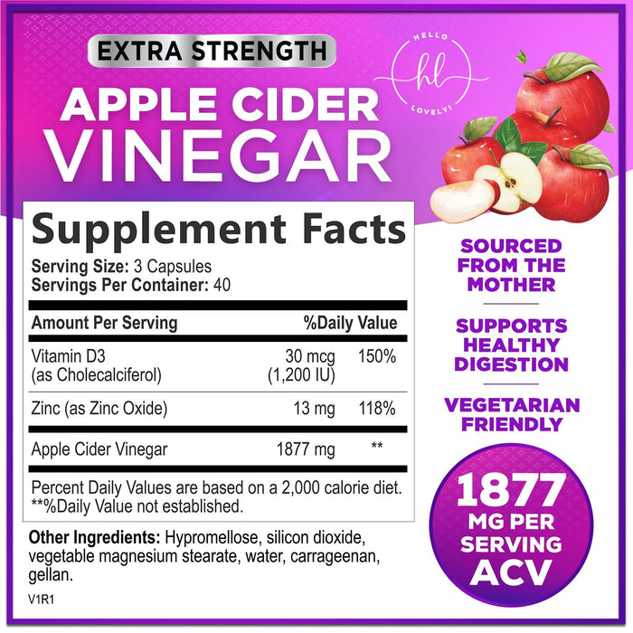 Apple Cider Vinegar Pills from the Mother - 1877mg of ACV with Vitamin D3 & Zinc, Non-GMO & Gluten Free, ACV Supplement for Digestion, Energy & Immune Support, Apple Vinegar Capsules - 120 Capsules