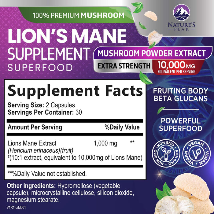 Lions Mane Mushroom Capsules 10,000mg - Lion’s Mane Supplement Capsules for Memory and Focus Support, Brain, Immune Health Support, Vegan, Bottled in USA, Lions Mane Mushroom Powder Extract, 60 Count