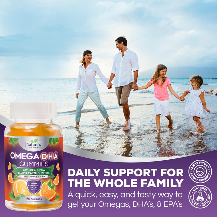 Omega 3 Fish Oil Gummies - Triple Strength Omega3 Gummy - DHA & EPA Fatty Acids for Heart Health, Joint & Brain Support, Nature's High Absorption Omega Fish Oil Supplement, Orange Flavor- 60 Gummies
