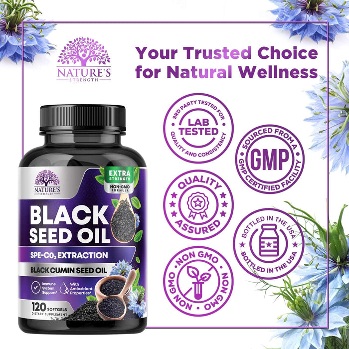 Black Seed Oil Capsules 1000mg with Thymoquinone - Pure Nigella Sativa for Skin Health & Immune Support, 100% Blackseed Oil, Amazing Extraction Above Cold Pressed Black Cumin Seed - 120 Softgels