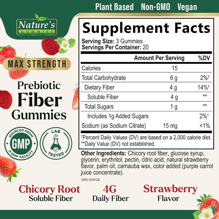 Nature's Gummies Fiber Supplement - Max Strength 4g of Natural Soluble Prebiotic Fiber, Supports Digestive Health & Regularity, Non-GMO, Chicory Gummy Supplements for Adults, Berry Flavor, 60 Gummies